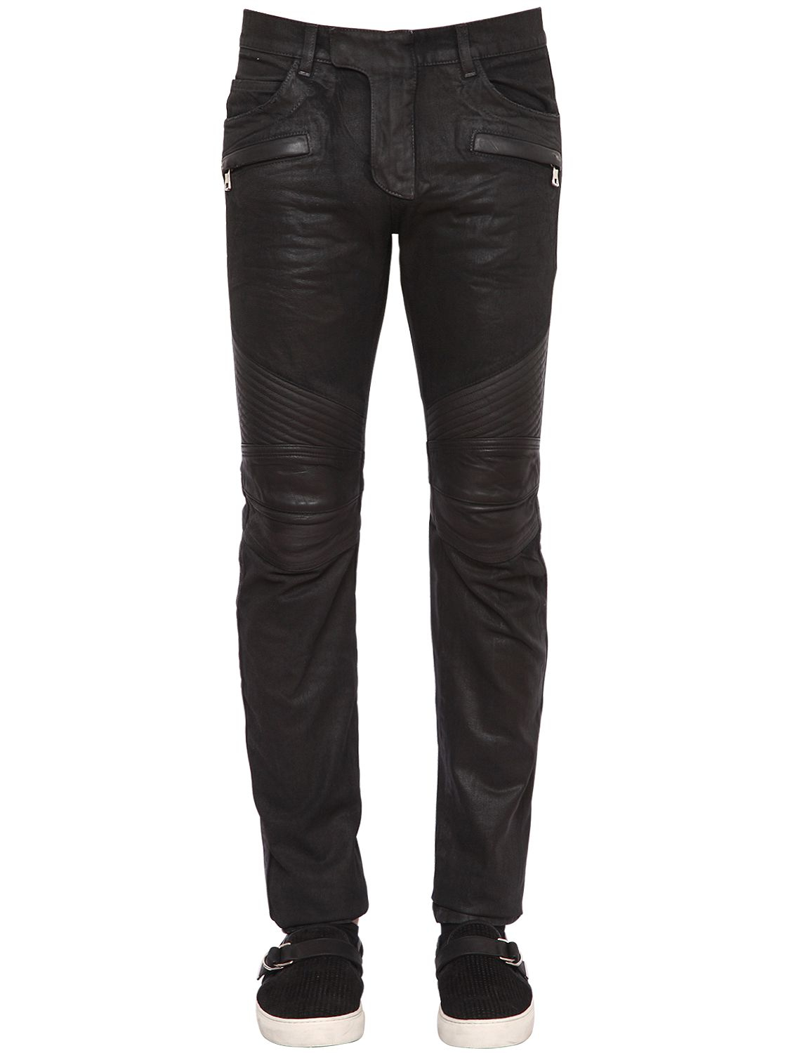 Balmain Leather and Cotton Denim Biker Jeans in Men | Lyst