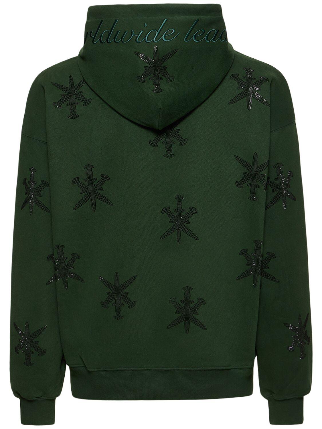 Unknown Rhinestone dagger Cotton Zip Hoodie in Green for Men