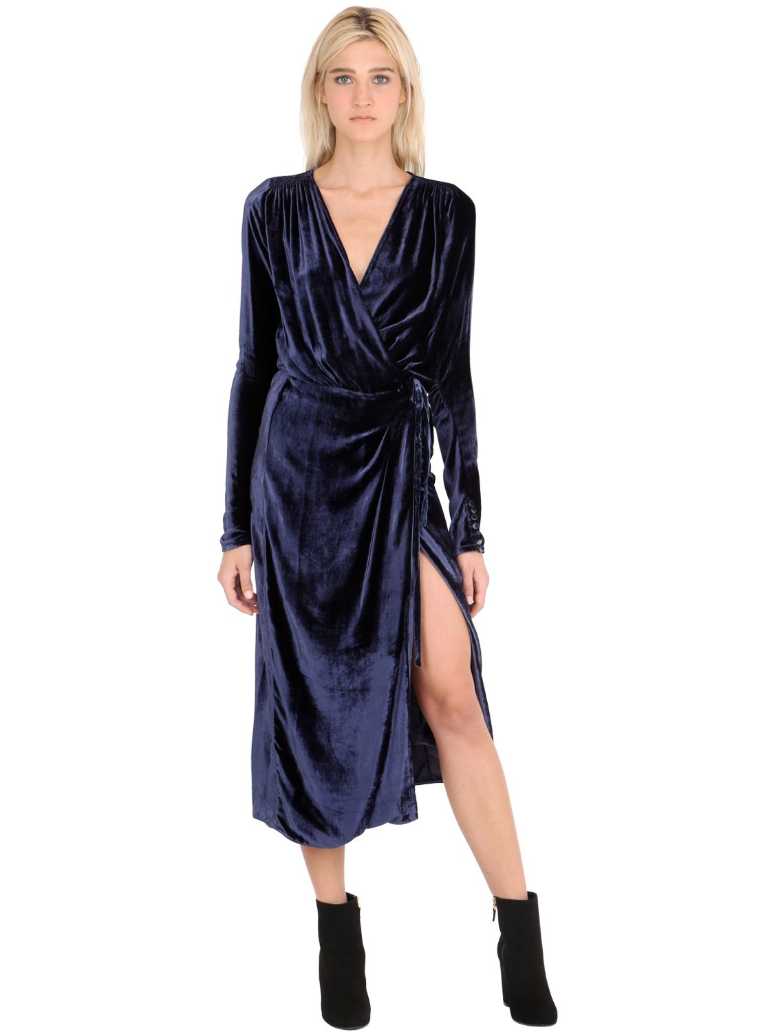 Attico Velvet Wrap Midi Dress in Navy 