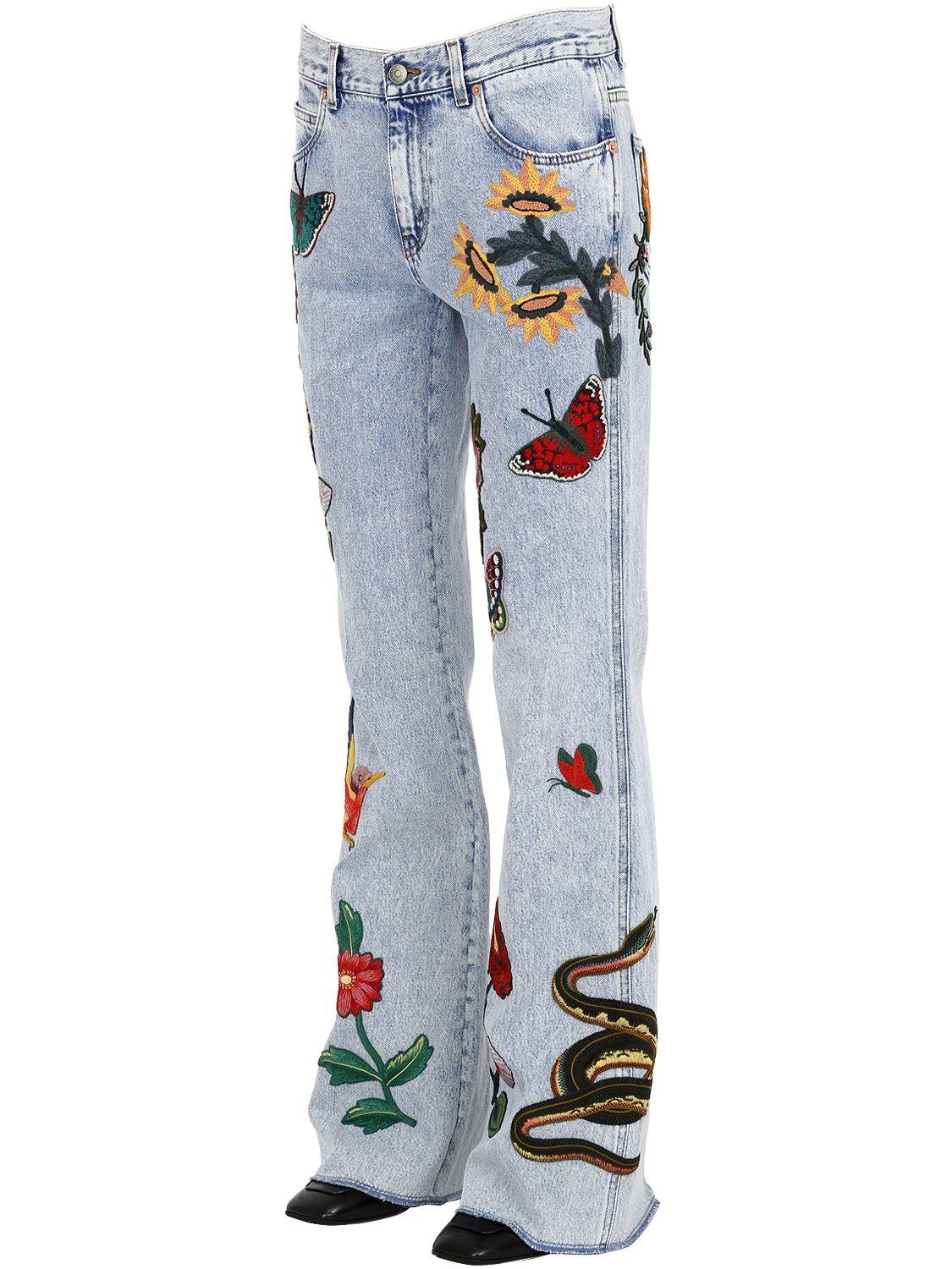 Gucci Flared Embroidered Patches Denim Jeans in Blue