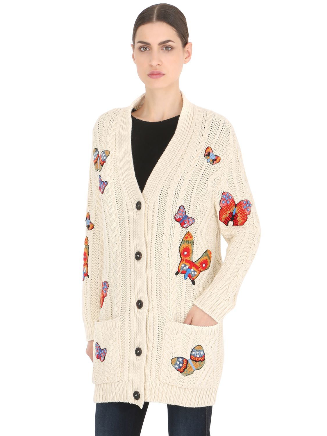 Valentino Butterfly Patches Cable Knit Cardigan in White ...
