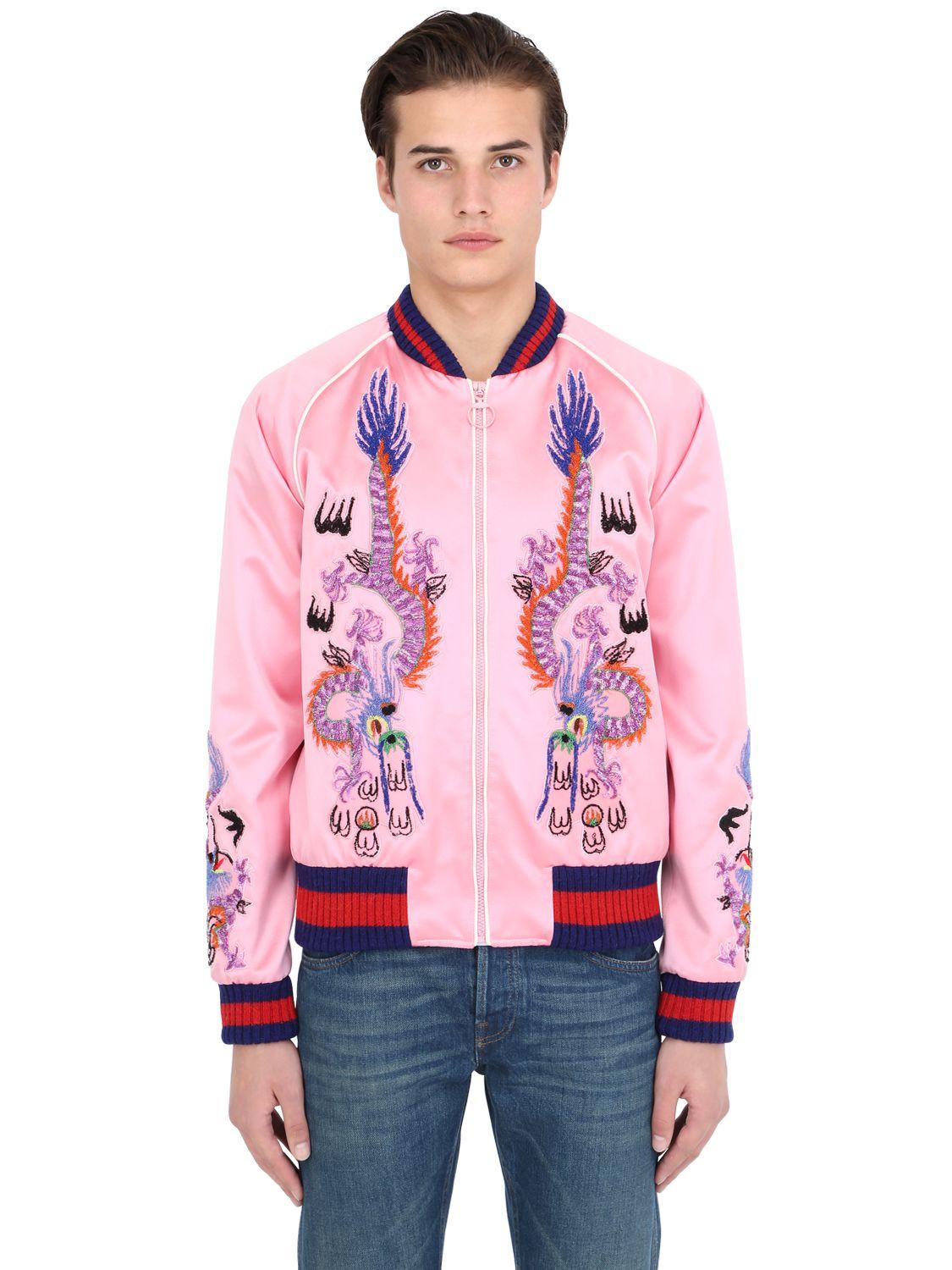 Gucci Embroidered Silk Satin Duchesse Bomber Jacket in Pink for Men | Lyst