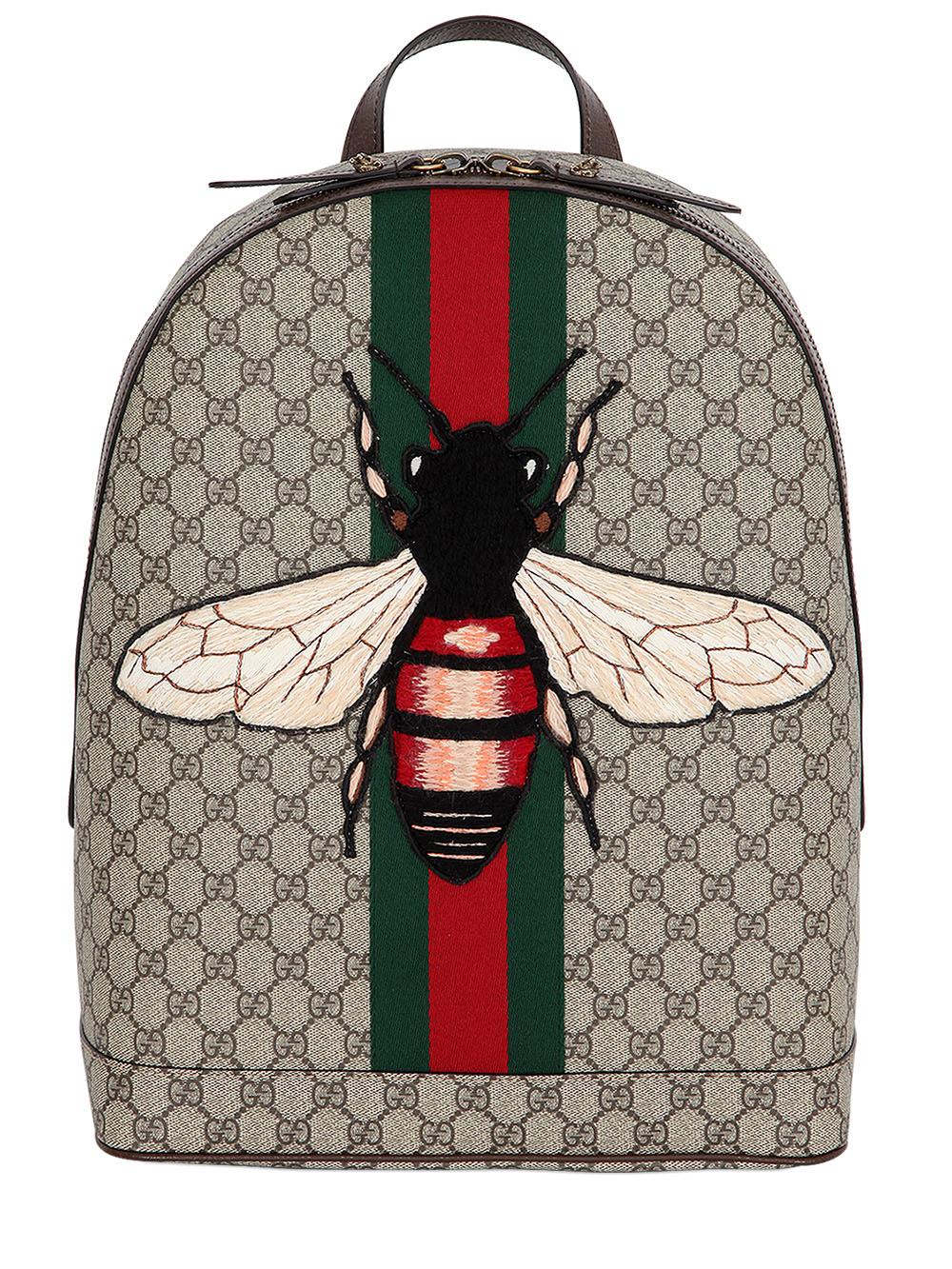 Gucci Leather Bee Patch Gg Supreme Backpack in Beige (Natural) - Lyst