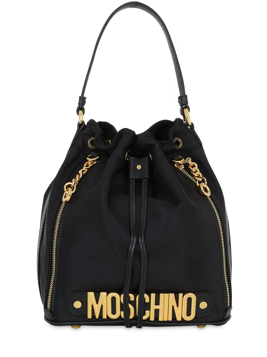 Moschino Synthetic Medium Logo Lettering Nylon Bucket Bag in Black Lyst