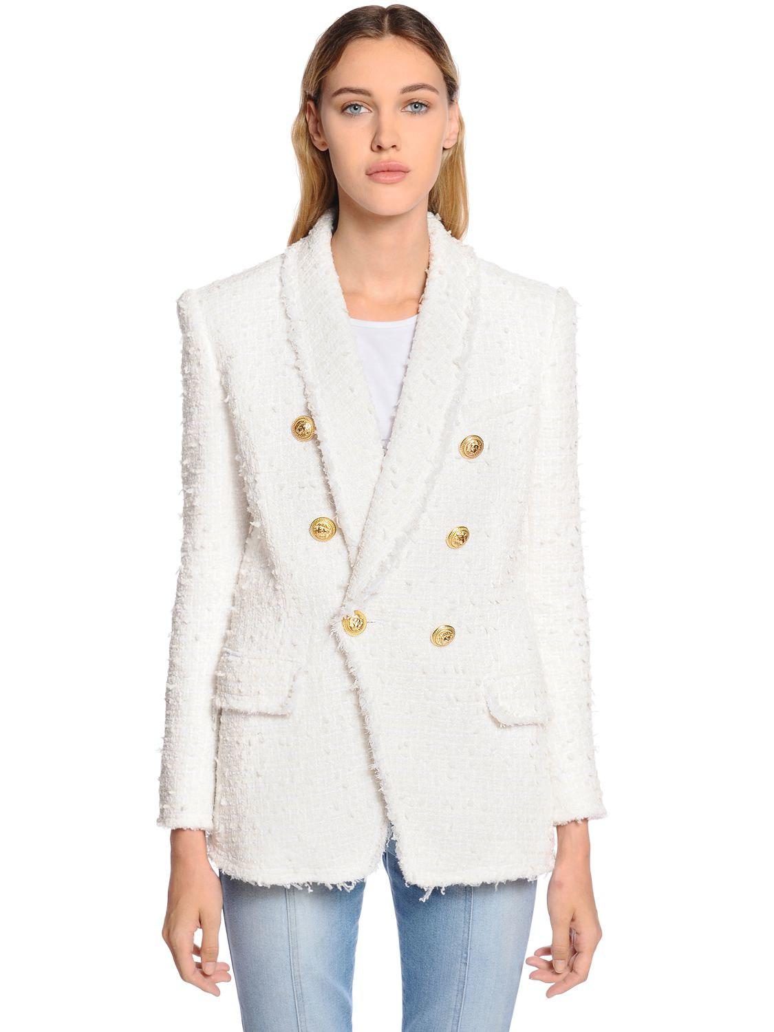 Balmain Double Breasted Fringed Tweed Blazer in White | Lyst