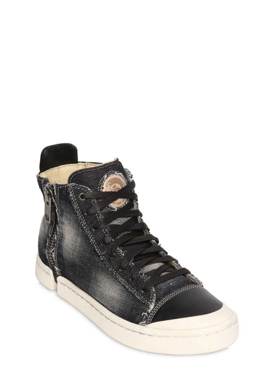 DIESEL Cotton Denim & Leather High Top Sneakers in Black for Men - Lyst