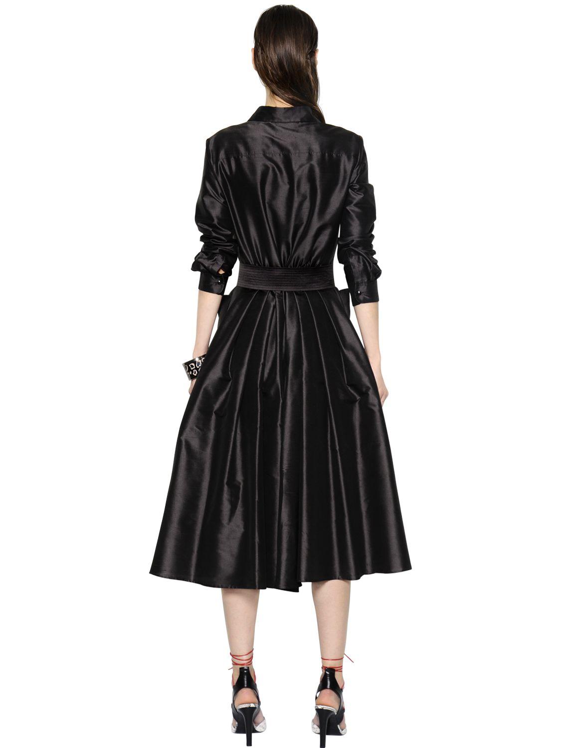 Max Mara Belted Shantung Silk Dress in Black - Lyst