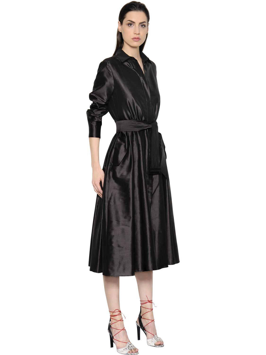 Max Mara Belted Shantung Silk Dress in Black - Lyst