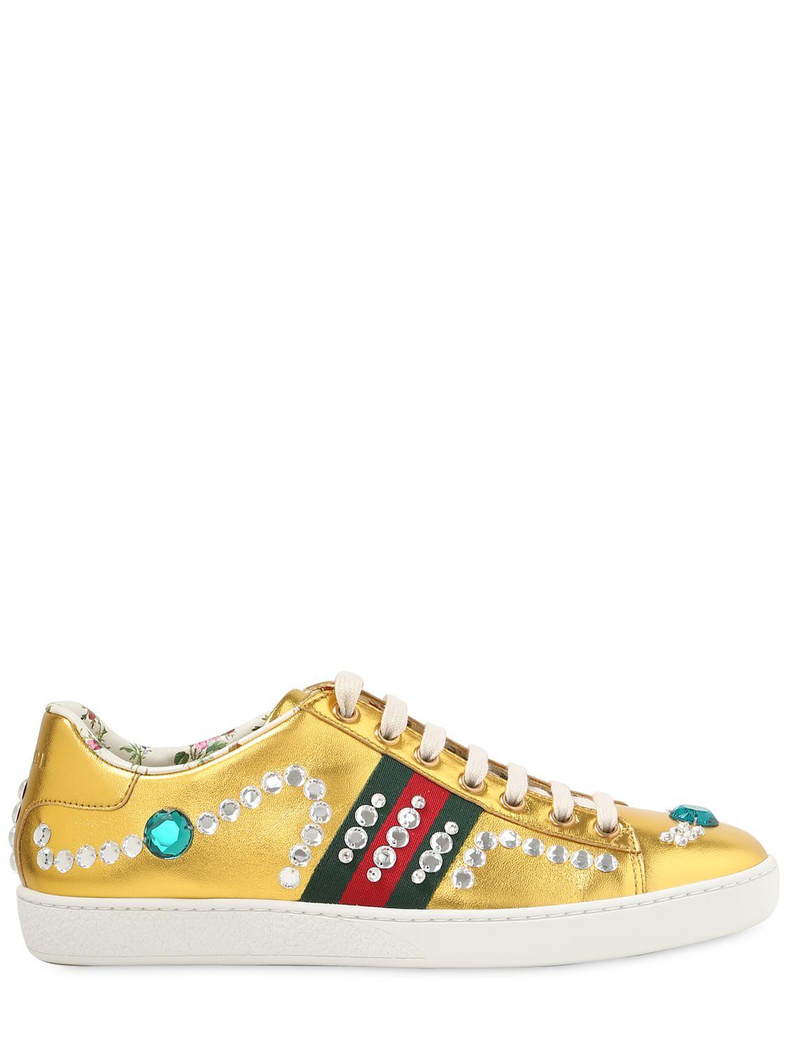 Gucci New Ace Jeweled Metallic Leather Sneakers - Lyst