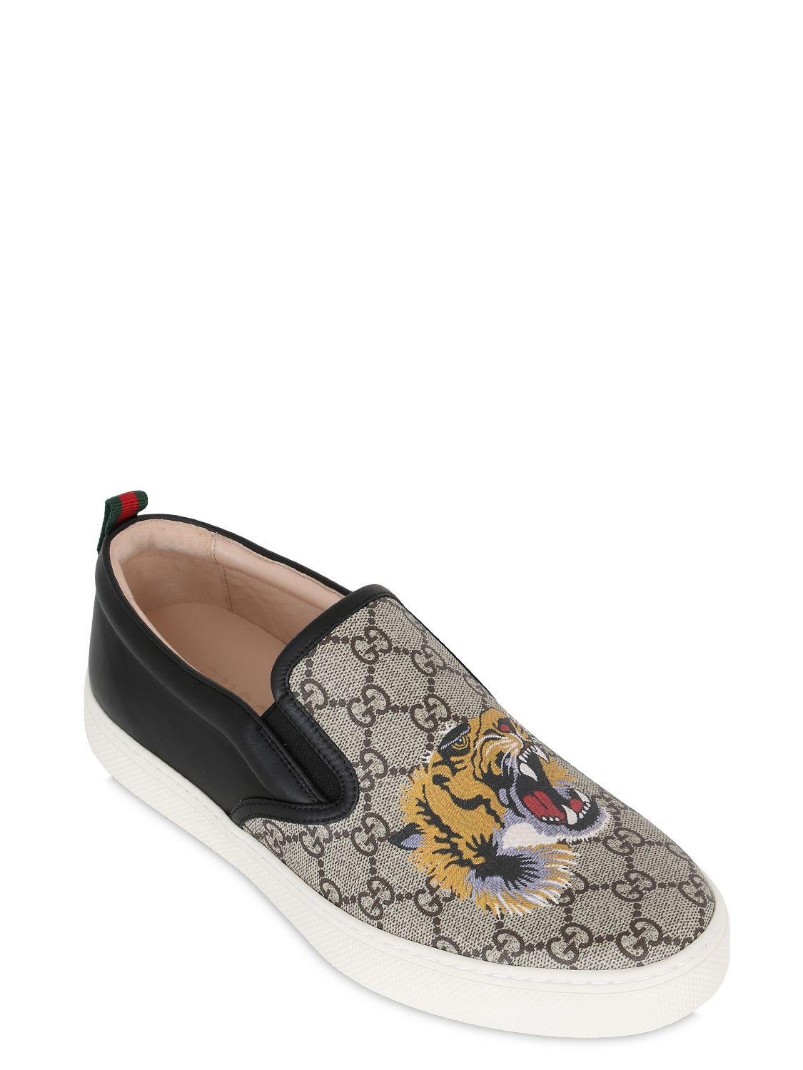 Gucci Tiger Print Gg Supreme Slip On Sneakers in Natural for Men