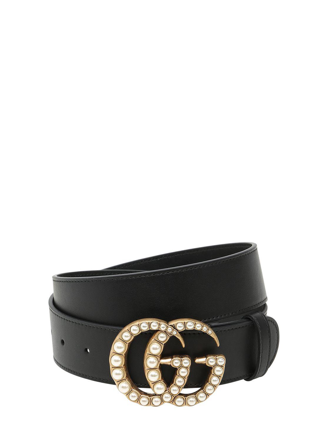 black gucci belt with pearls