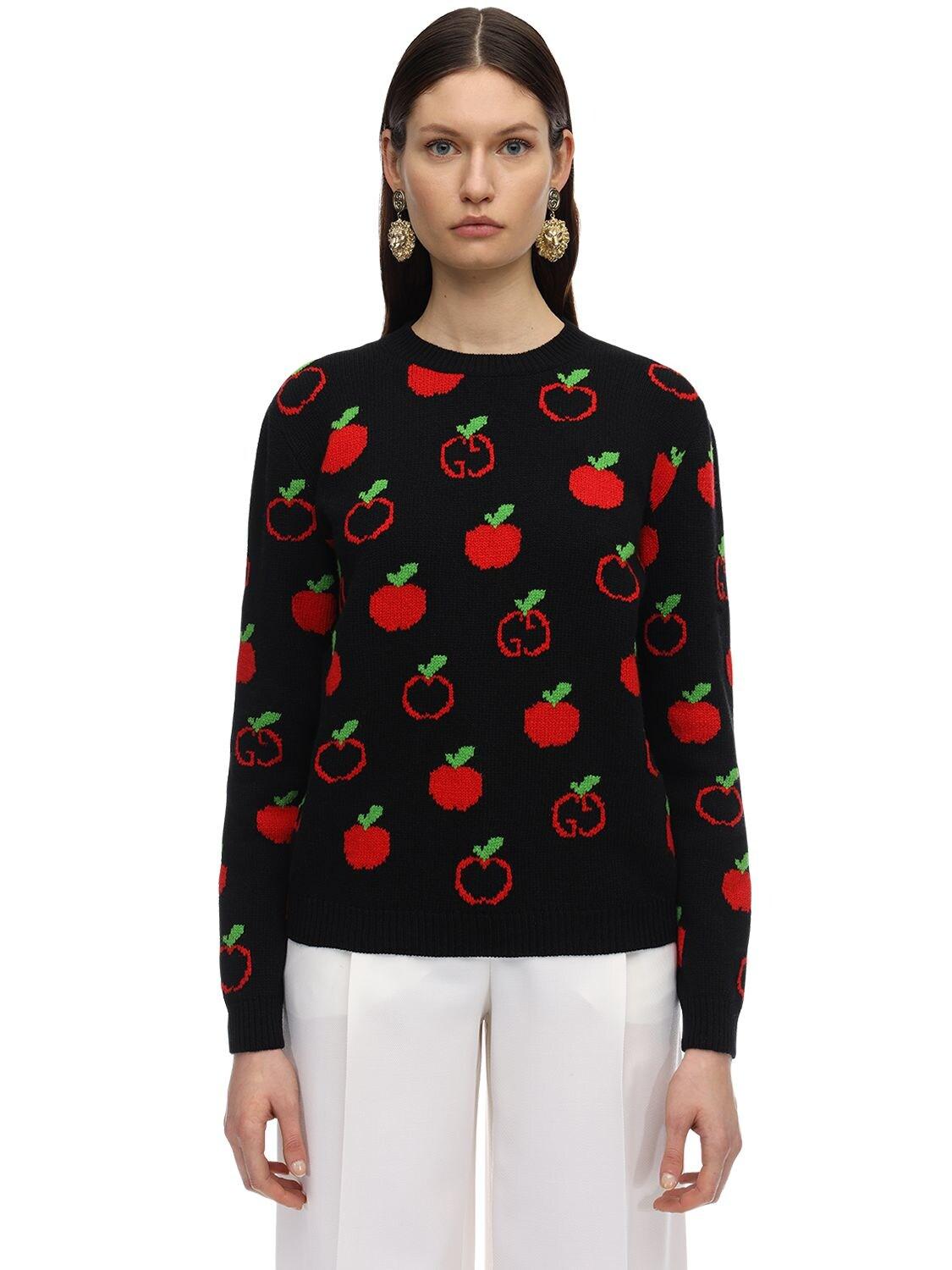 Gucci Gg & Apple Wool Intarsia Knit Sweater in Black | Lyst