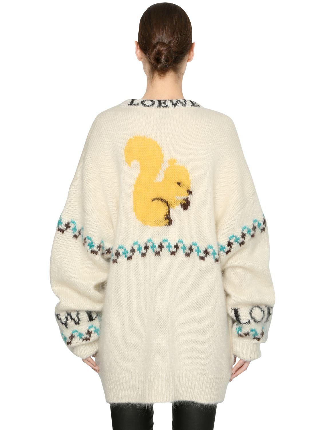 Loewe Logo Intarsia Mohair Knit Cardigan in Natural Lyst