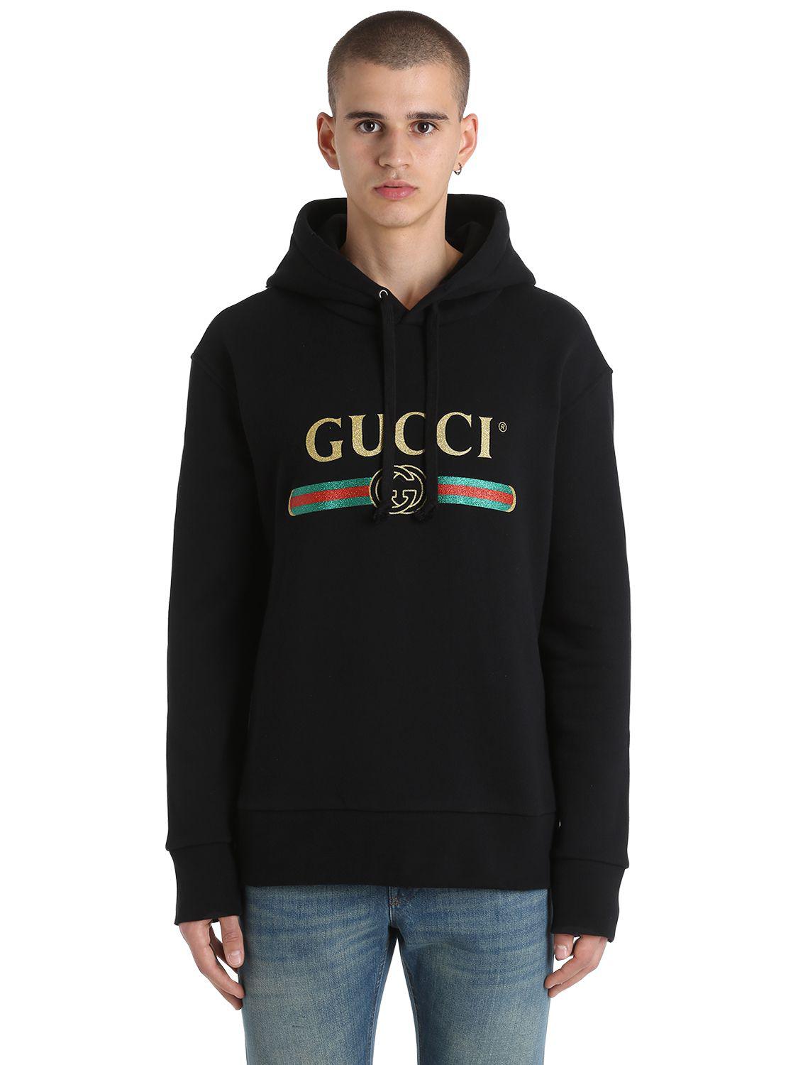 Gucci Wolf Patches Hooded Cotton Sweatshirt in Black for Men - Lyst