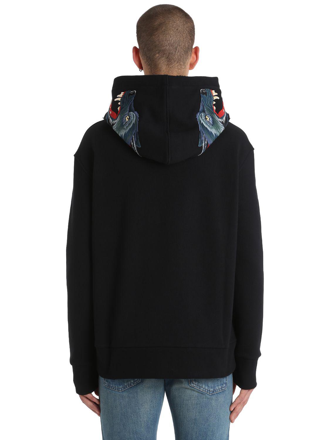Gucci Wolf Patches Hooded Cotton Sweatshirt in Black for Men - Lyst