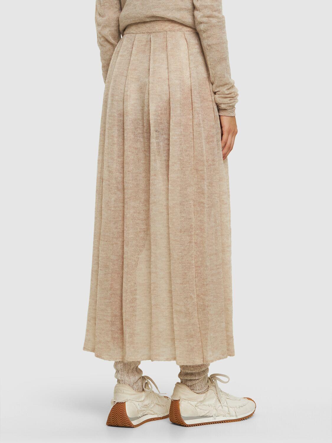 AURALEE Kid Mohair Sheer Knit Pleated Midi Skirt in Natural | Lyst