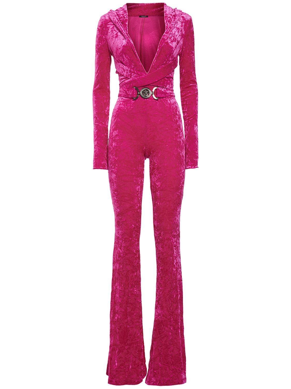Versace Hooded Stretch Velour Jumpsuit in Pink | Lyst