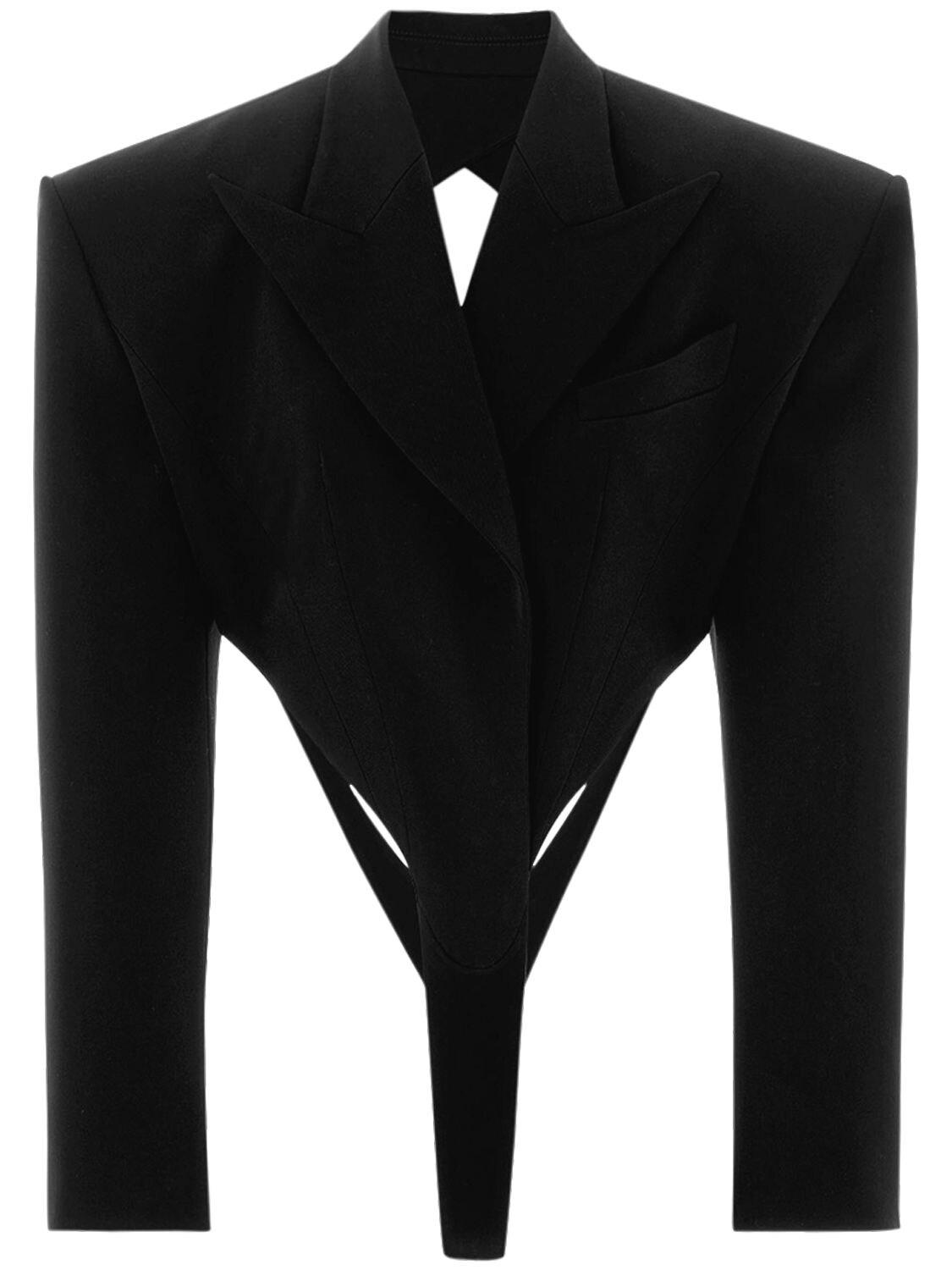 Mugler Wool Blend Gabardine Bodysuit Jacket in Black | Lyst