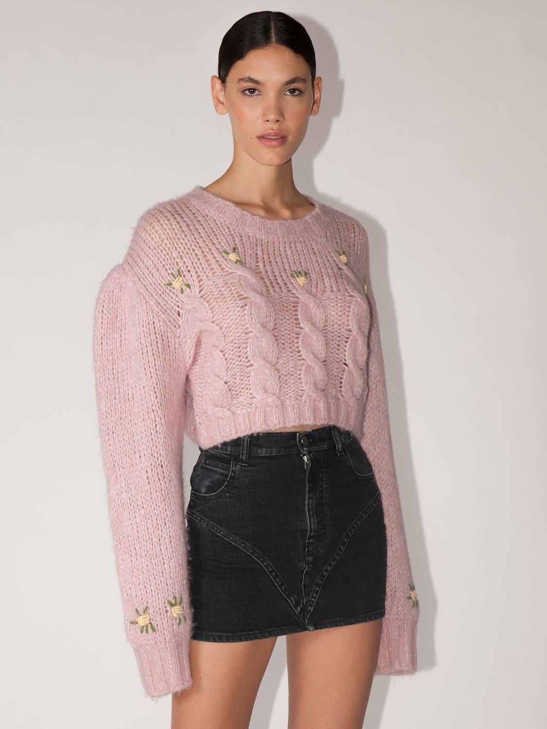 Alessandra Rich Cropped Crewneck Wool Wave Knit Sweater in Pink - Lyst