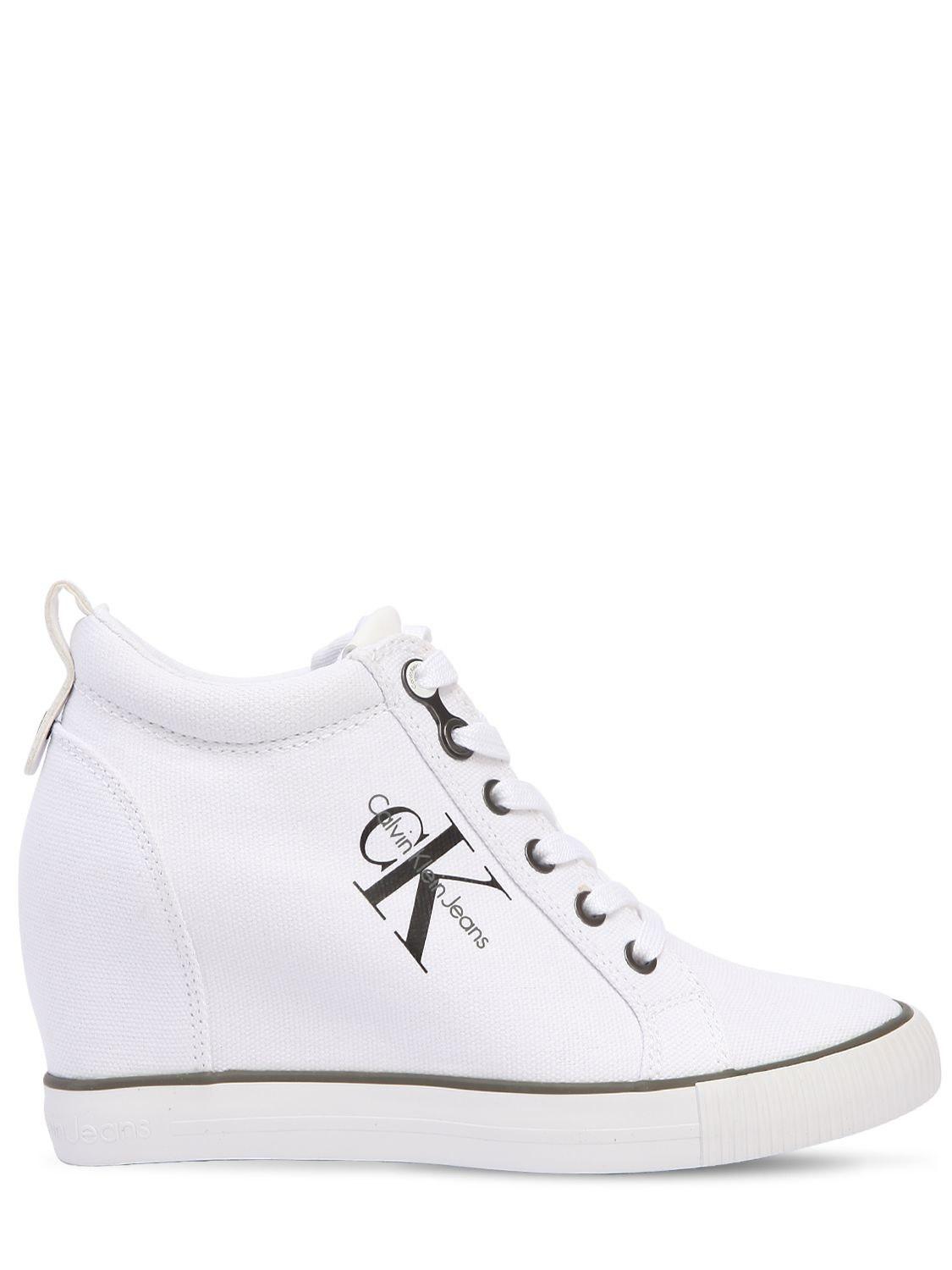 Calvin Klein 70mm Ritzy Cotton Canvas Wedge Sneakers in White | Lyst