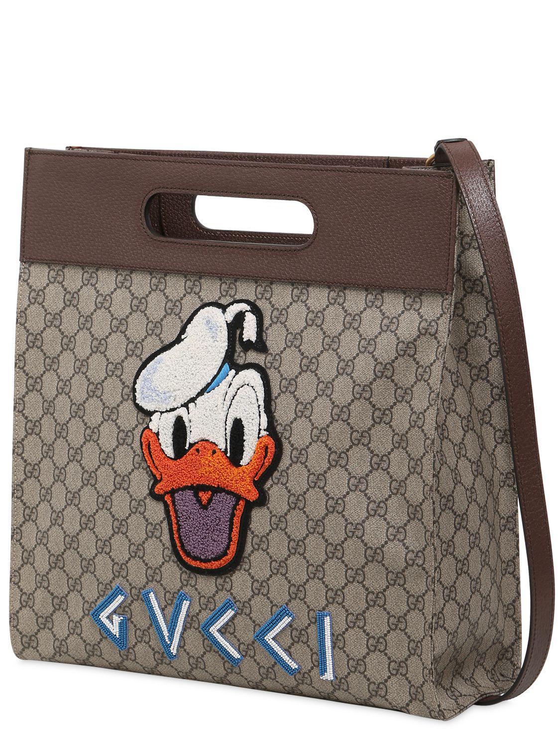 Gucci Leather Donald Duck Gg Supreme Medium Tote Bag in Beige/Brown