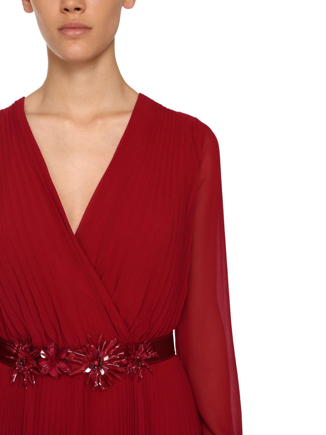 Max Mara Long Pleated Chiffon Dress in Red | Lyst Max Mara Long Pleated Chiffon Dress in Red | Lyst