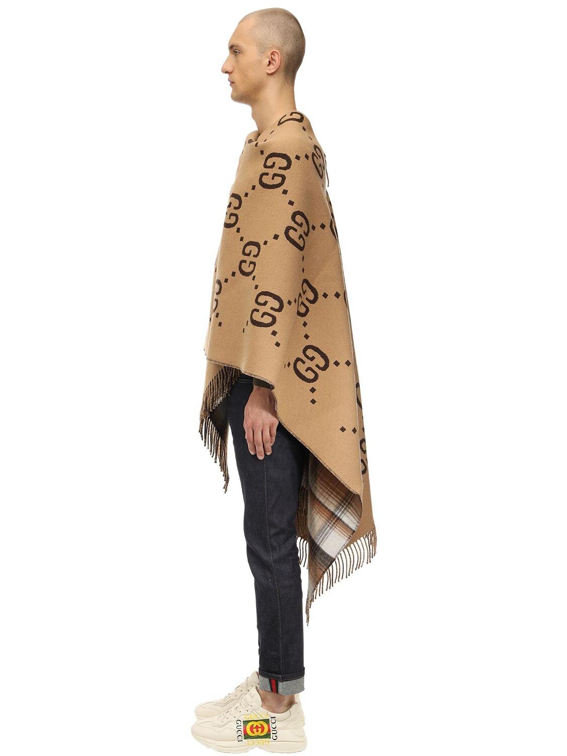 Gucci Reversible Logo Wool Poncho Cape in Brown for Men | Lyst