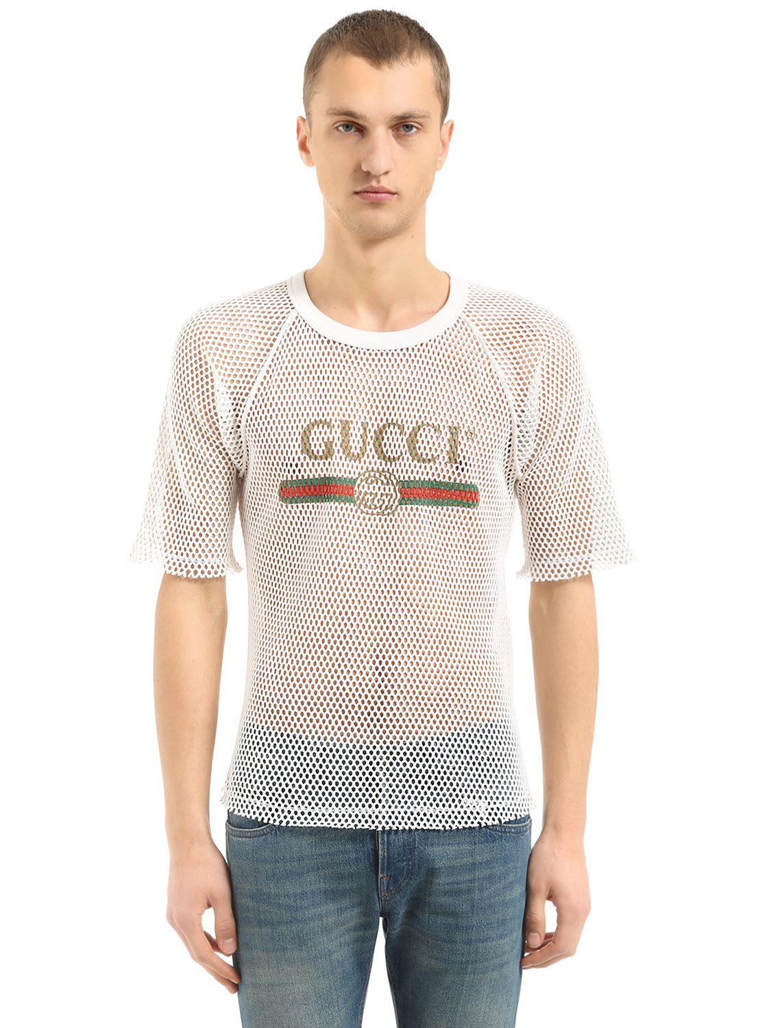Gucci Logo Printed Cotton Mesh T-shirt in White for Men | Lyst