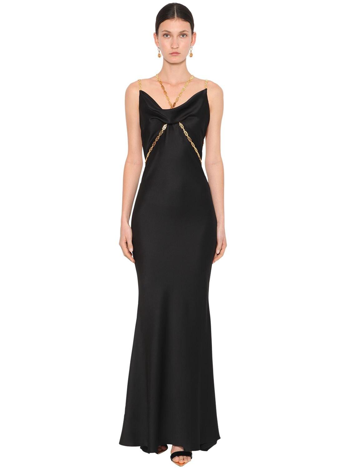 Championship embargo end point Versace Long Satin Dress W/ Gold Chain Detail in Black | Lyst