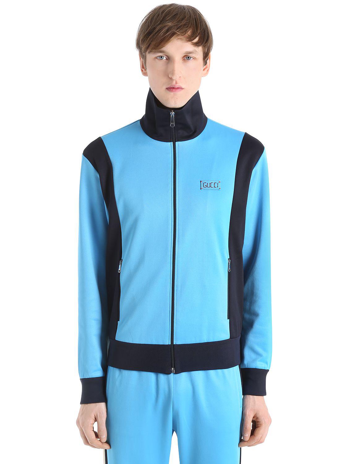 Gucci Tiger Patch Jersey Zip-up Sweatshirt in Blue for Men | Lyst