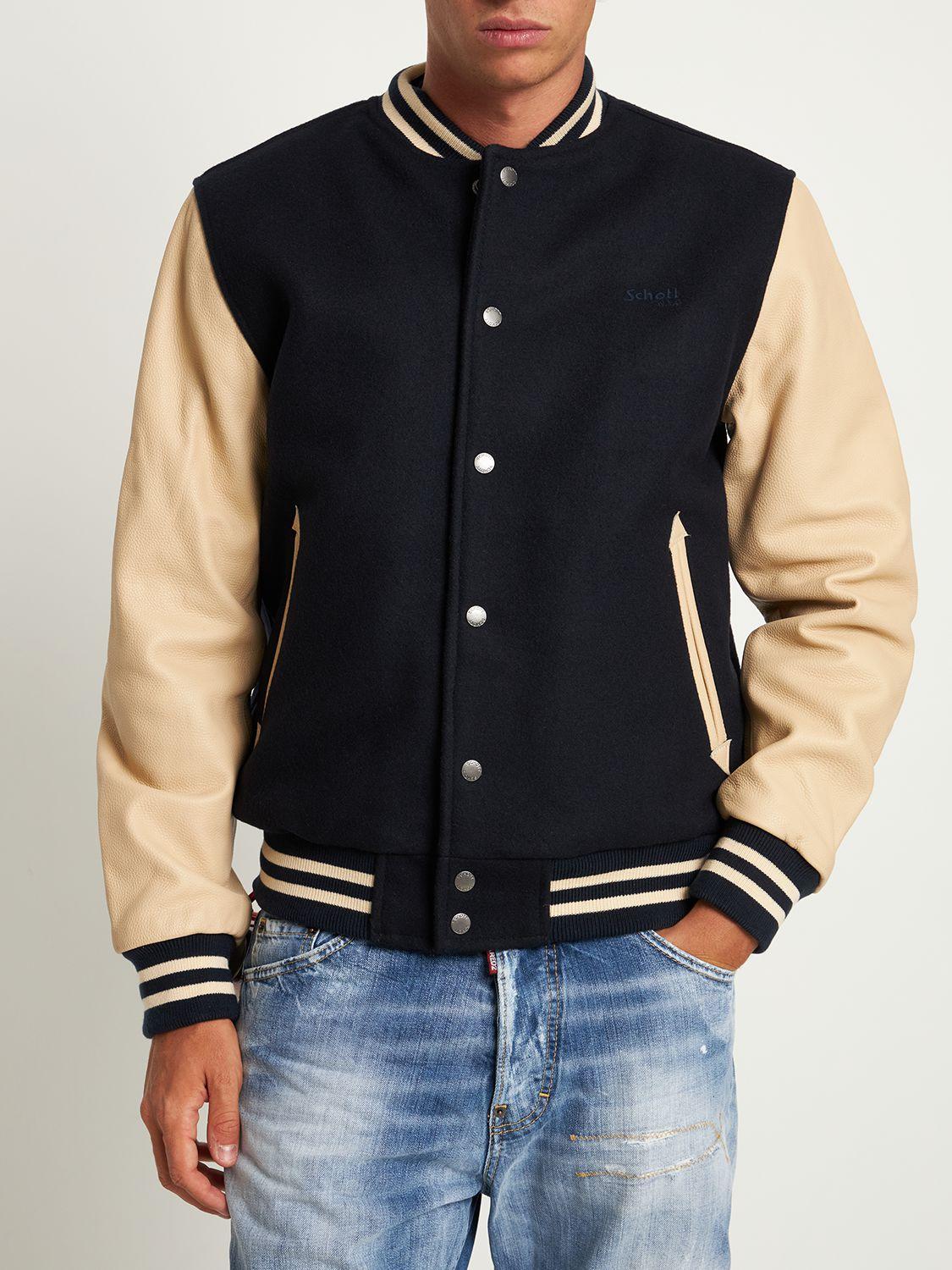 Schott Nyc Logo Leather & Wool Varsity Jacket in Blue for Men | Lyst