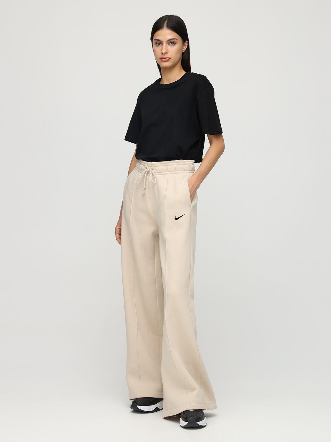 Nike Cotton Blend Fleece Wide Leg Sweatpants in Natural