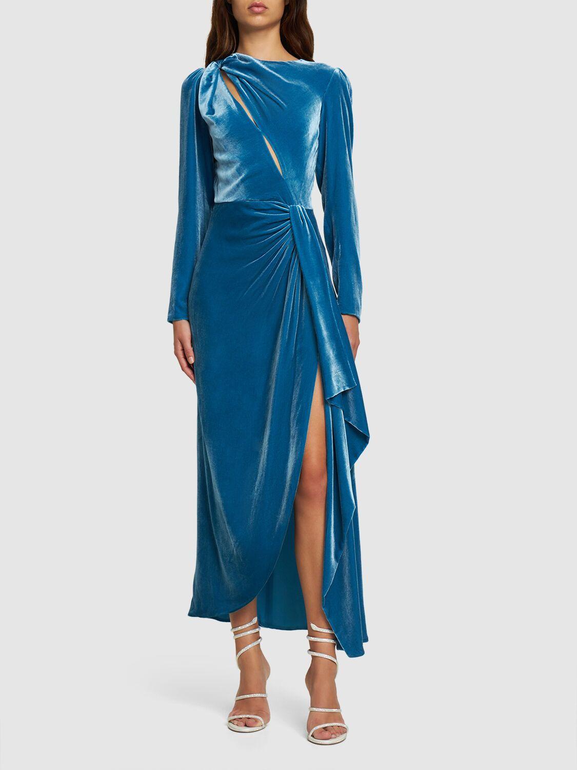 Costarellos Varisa Velvet Draped Long Dress in Blue | Lyst
