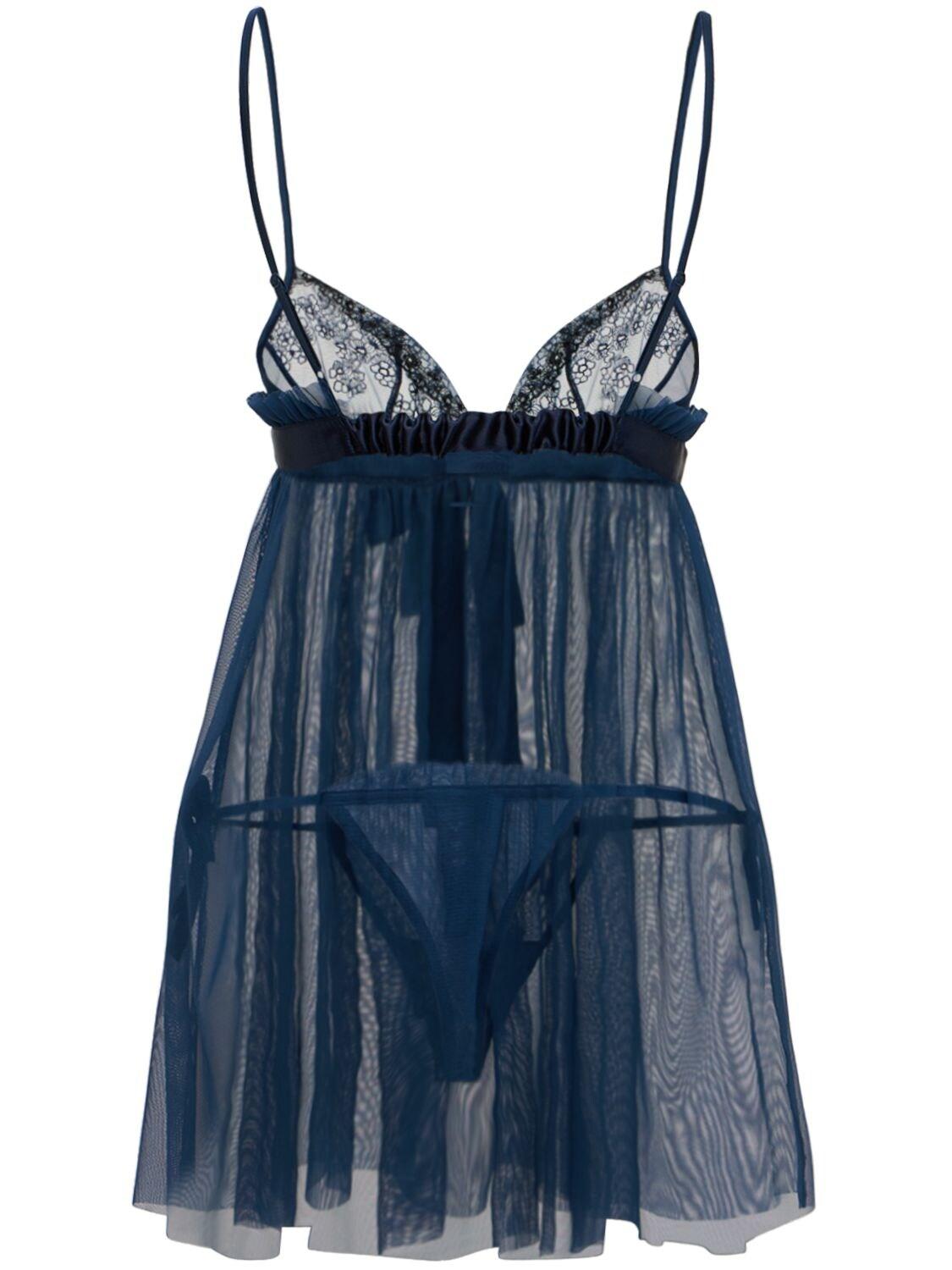 La Perla Ny Outset Lace Slip Dress & Thong Set in Blue