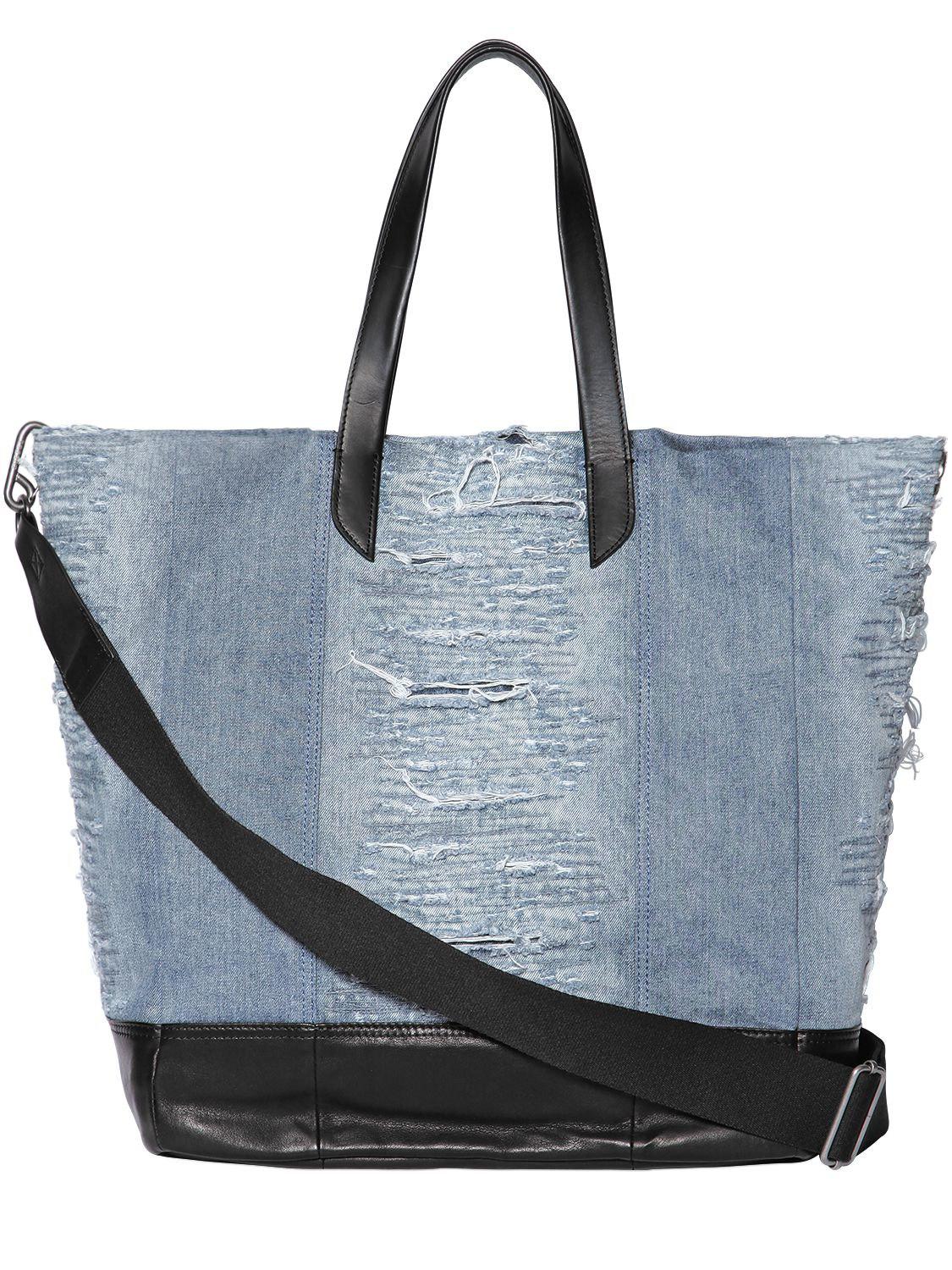 DIESEL Ripped Denim Tote Bag W/ Leather Details in Blue - Lyst