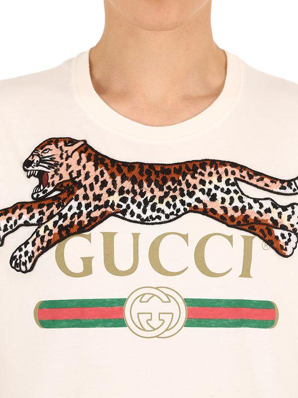 Gucci Leopard & Logo Cotton Jersey T-shirt in White for Men - Lyst