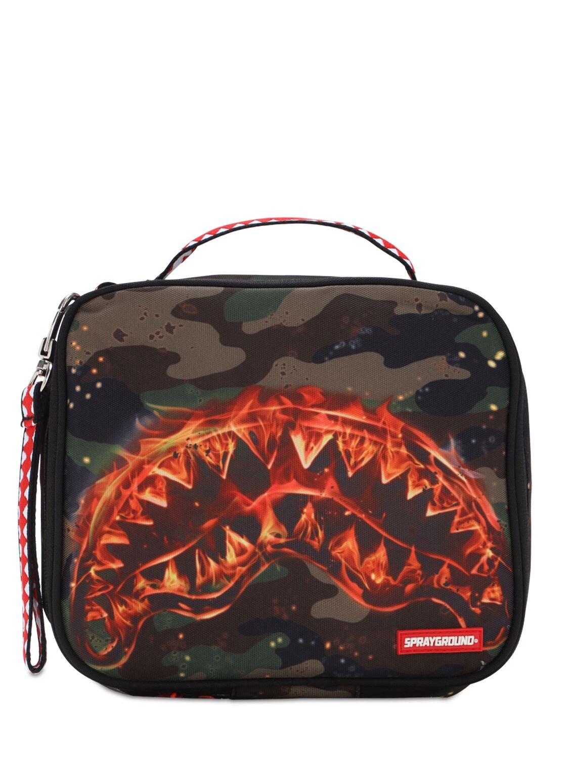 SPRAYGROUND DUFFLE TRAVEL BAG BROWN SHARK IN PARIS BLACK SPLIT FLAMES BRAND  NEW