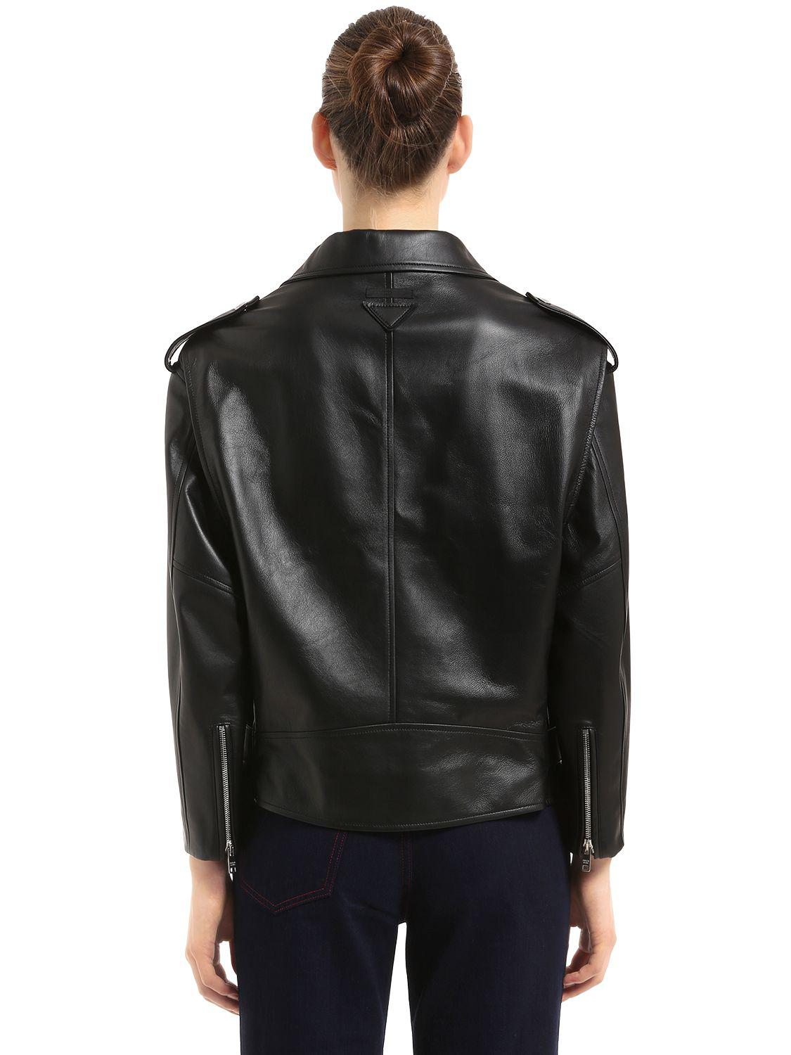 Prada Oversized Matte Leather Biker Jacket in Black - Lyst