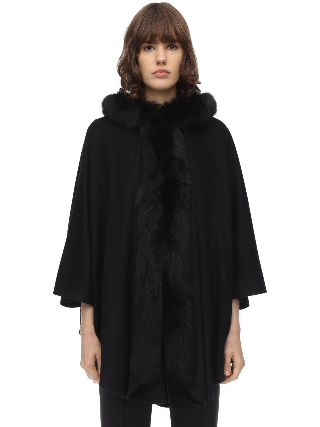 Max Mara Cashmere Cape W/ Fox Fur in Black - Lyst
