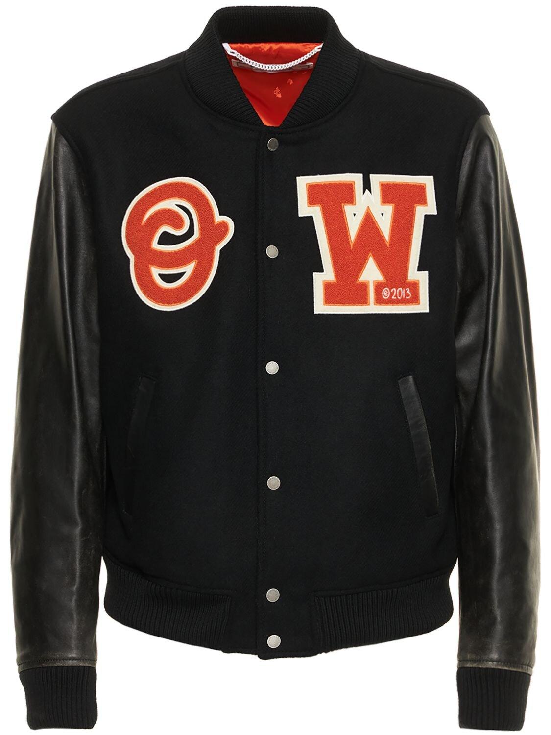 Off-White c/o Virgil Abloh Logo Patch Leather & Wool Varsity Jacket in ...