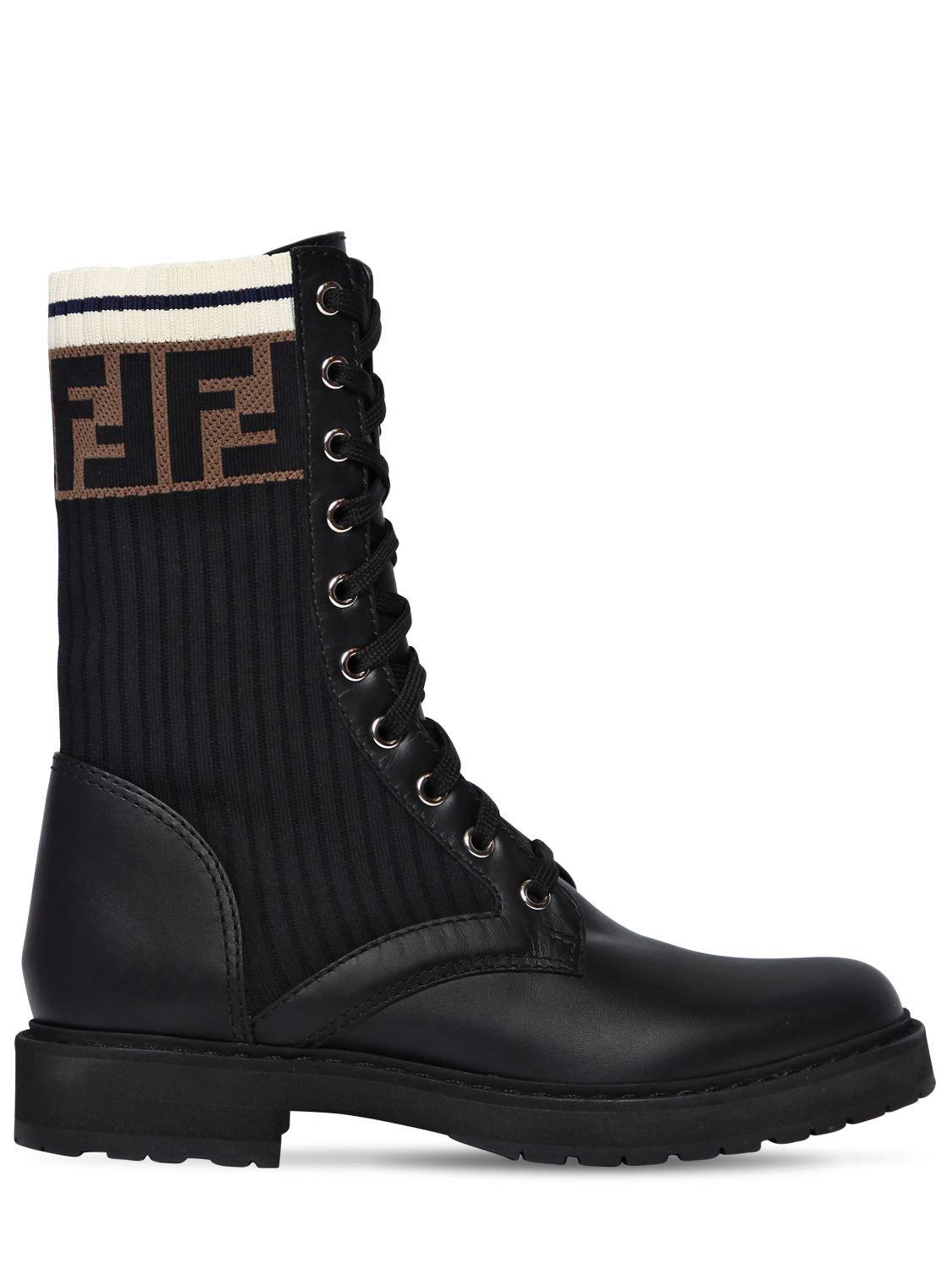 Fendi 20mm Leather & Knit Combat Boots in Black - Lyst