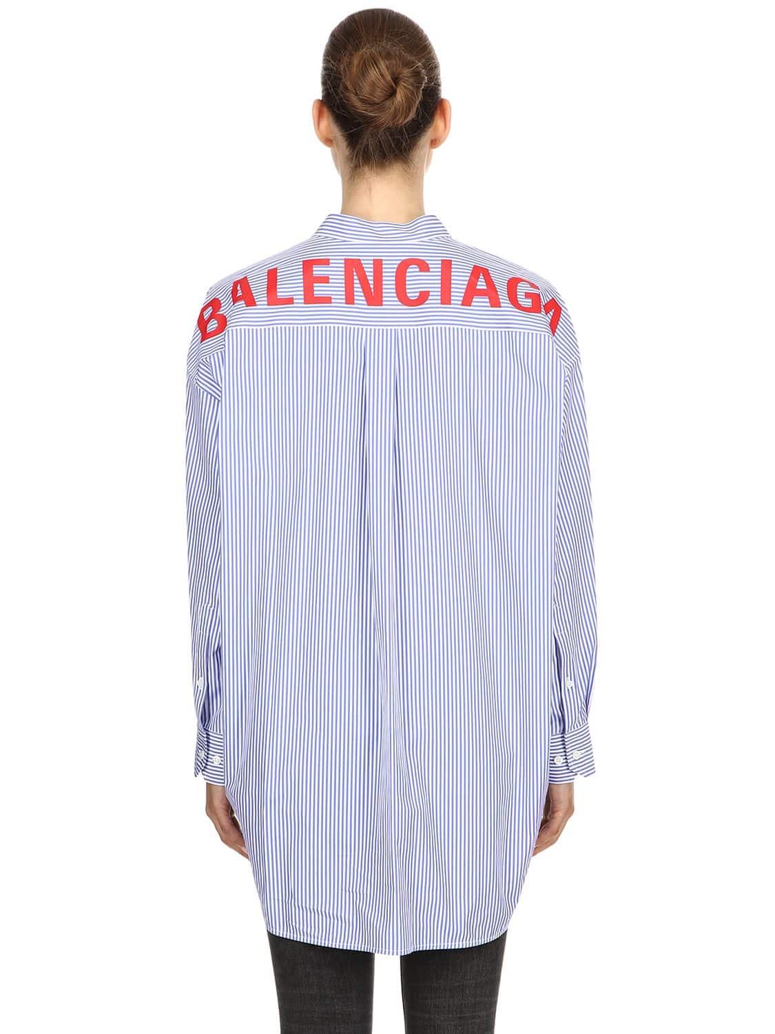 Balenciaga Oversize Logo Print Striped Poplin Shirt in Blue | Lyst