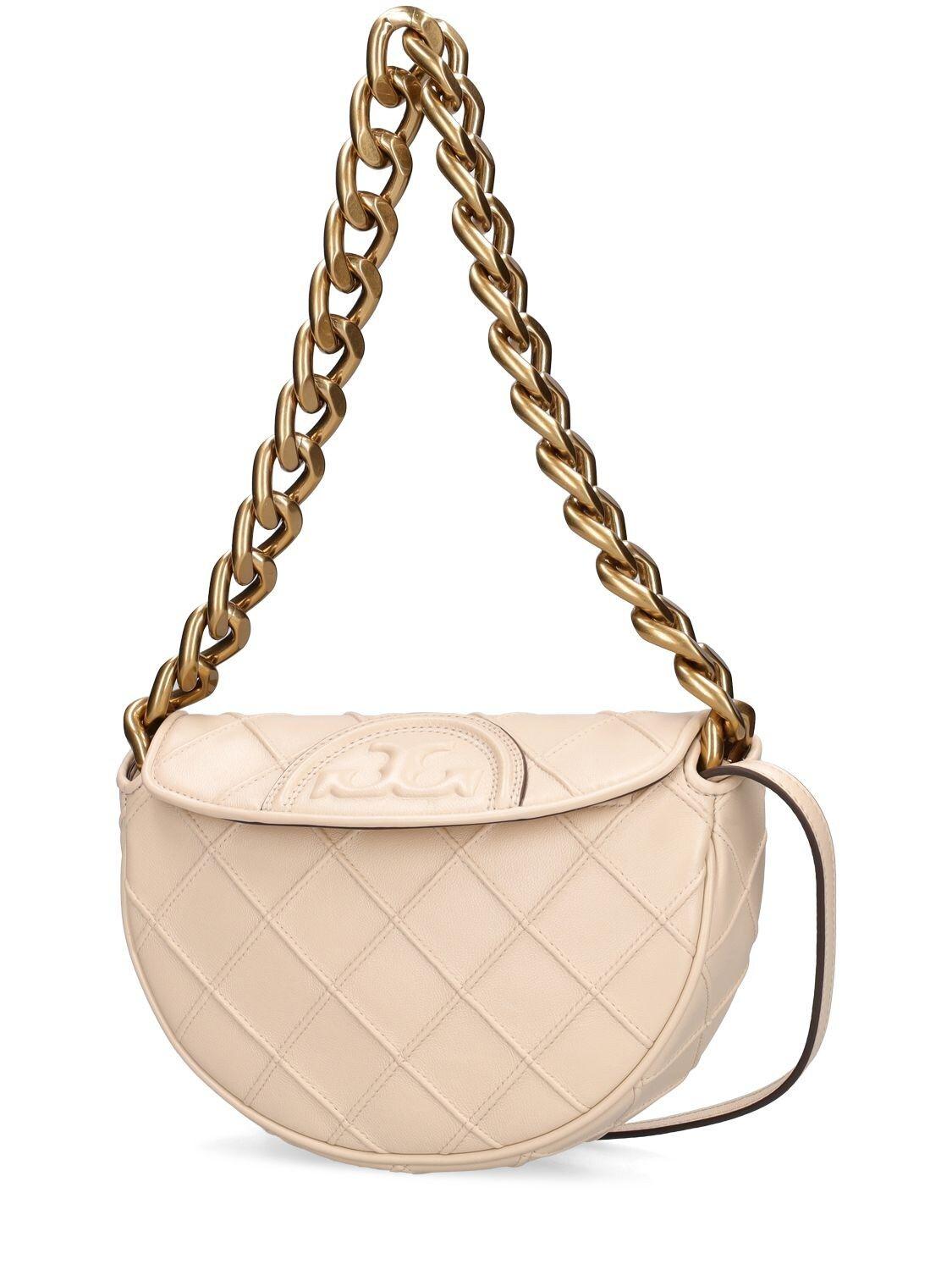 Tory Burch Mini Fleming Soft Crescent Leather Bag in Natural