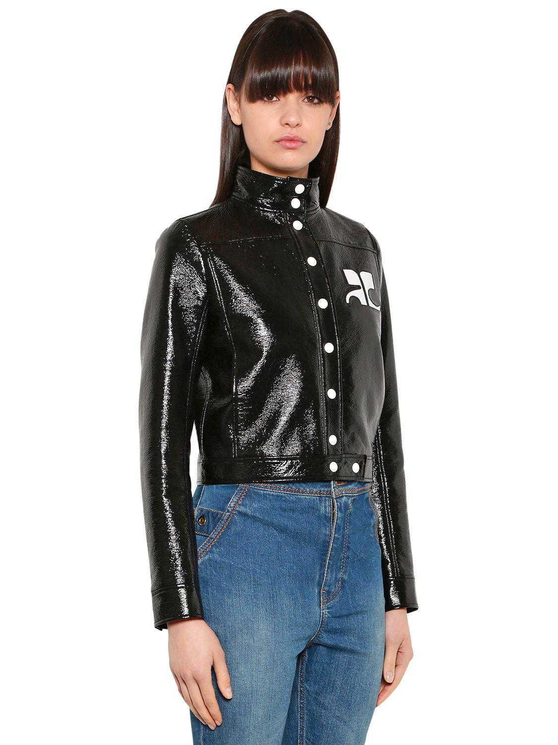 Courreges Logo Faux Patent Leather Jacket in Black | Lyst
