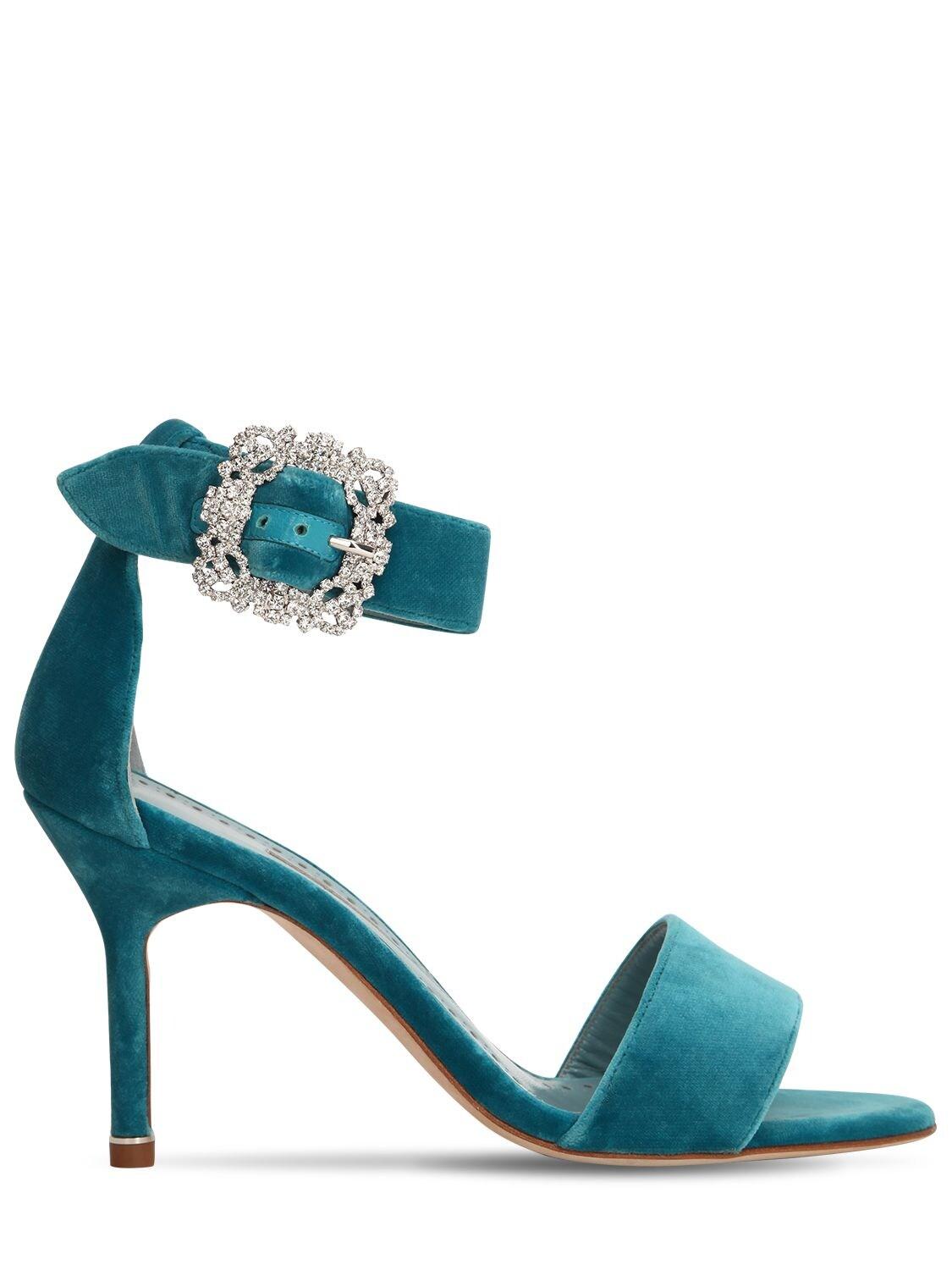 Manolo Blahnik 90mm Sanghal Embellished Velvet Sandals in Light Blue ...