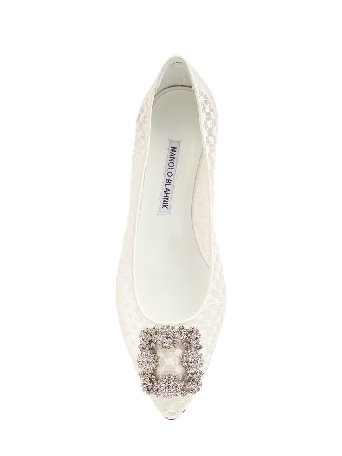 Manolo Blahnik 10mm Hangisi Lace & Satin Flats in White - Lyst