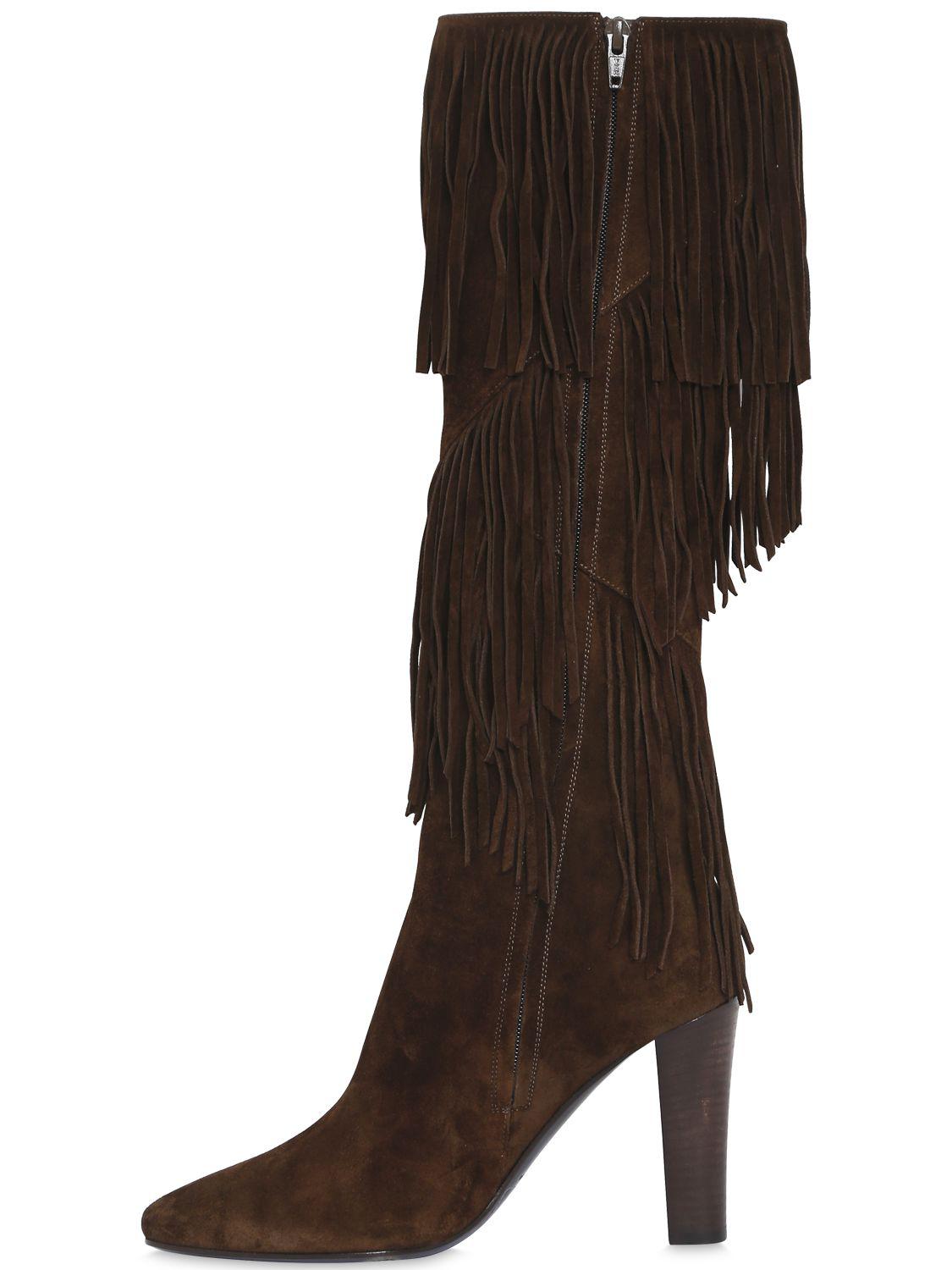 Saint Laurent Suede 'lily' Fringe Tall Boot in Light Brown (Brown) - Lyst