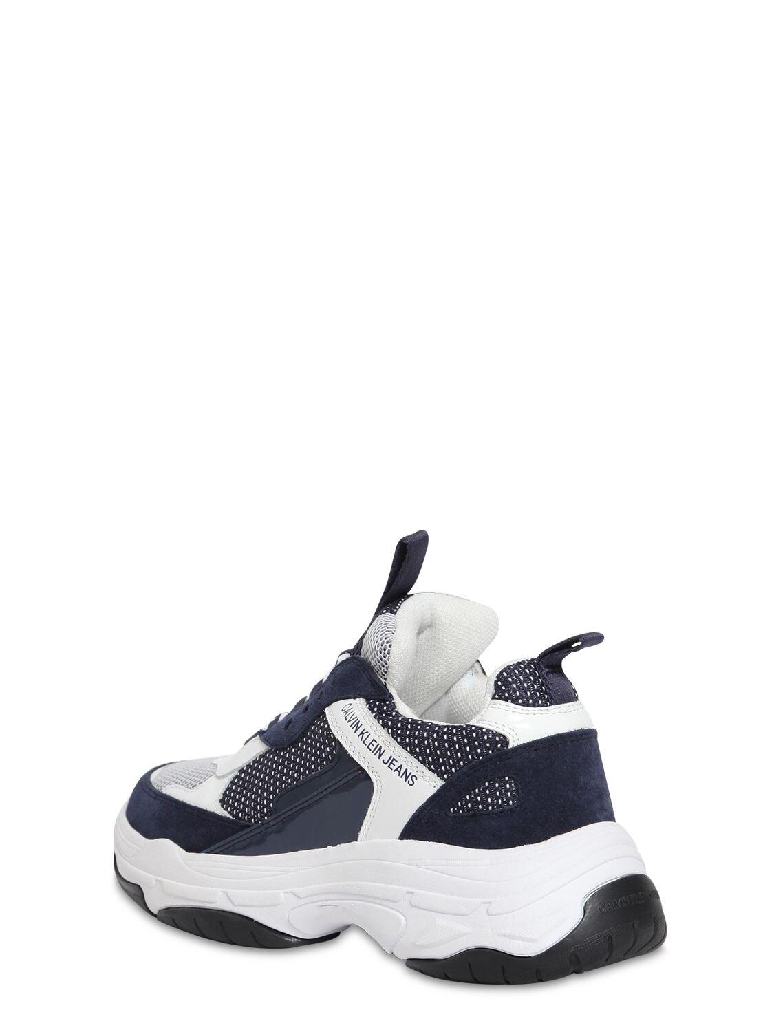 Calvin Klein 50mm Maya Mesh & Leather Sneakers in White/Navy (Blue) | Lyst