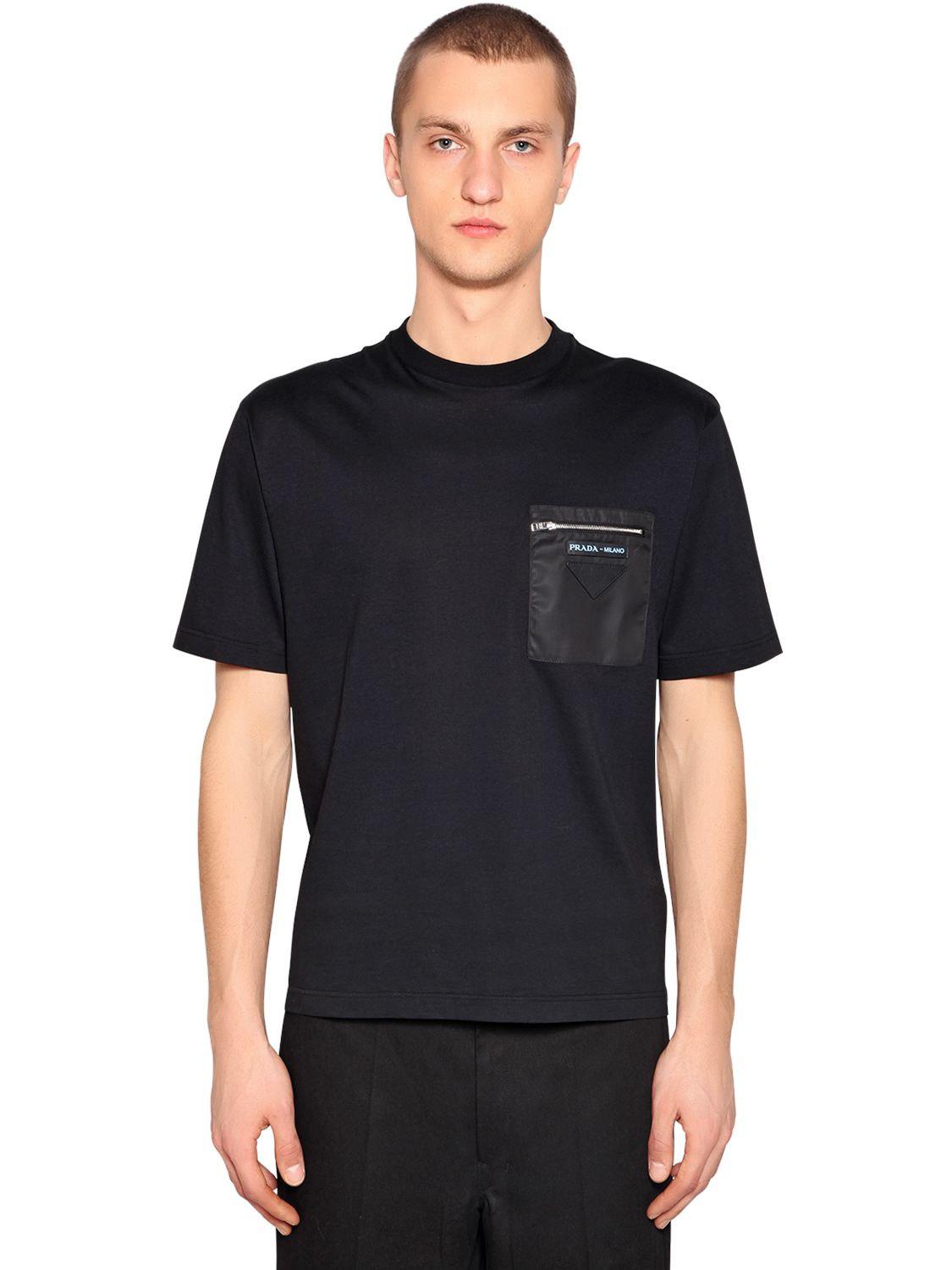 Prada Cotton Jersey T-shirt W/ Nylon Pocket in Black for Men - Lyst