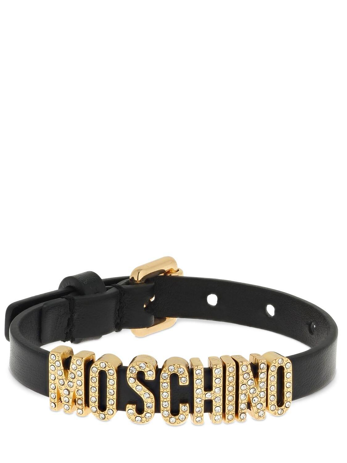 Moschino Logo Leather Bracelet W/ Crystals in Black/Gold (Black) - Lyst